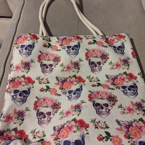 Floral Skull Print Tote Bag